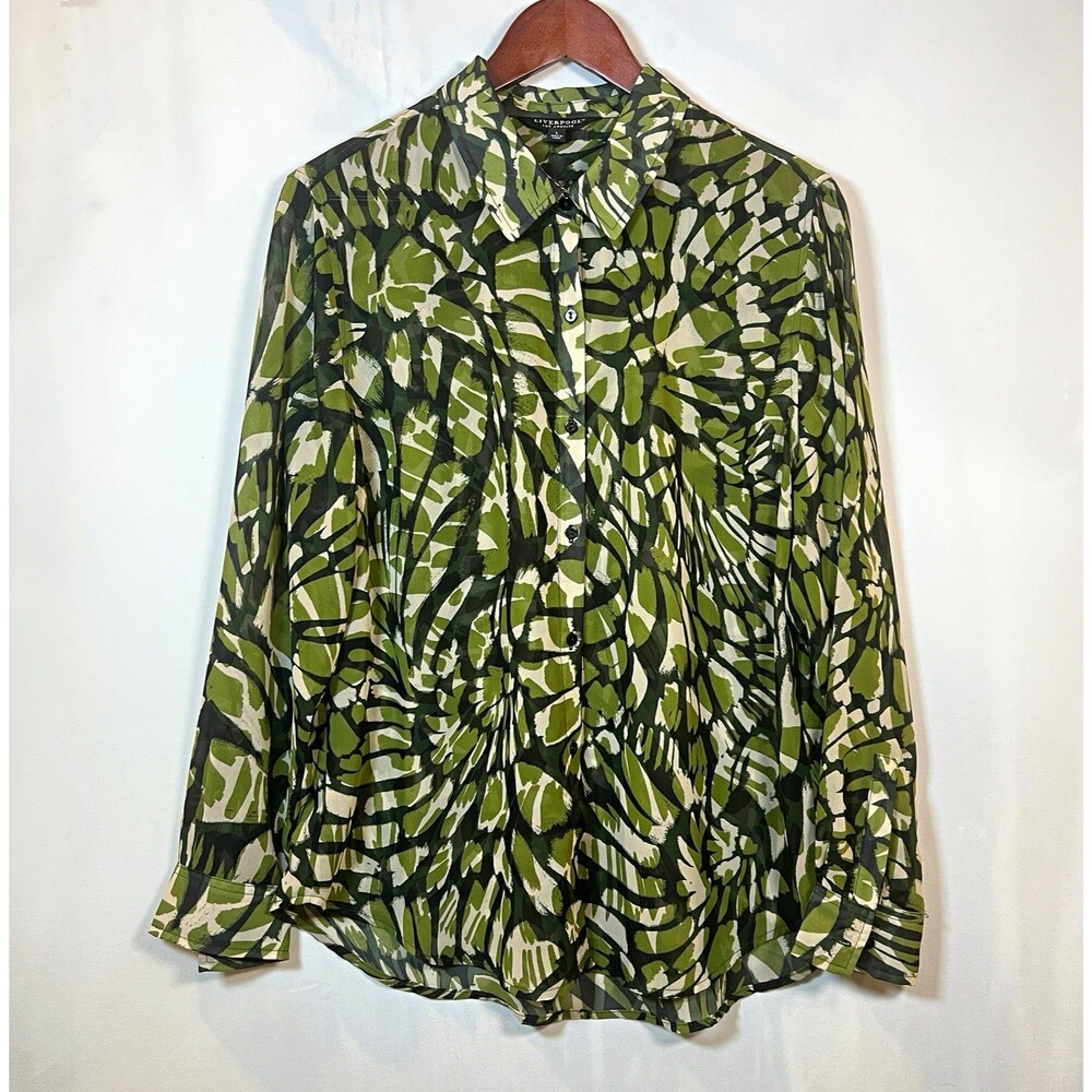Liverpool Los Angeles Women’s Shirt Button-Up Abstract Green Long Sleeve Size L